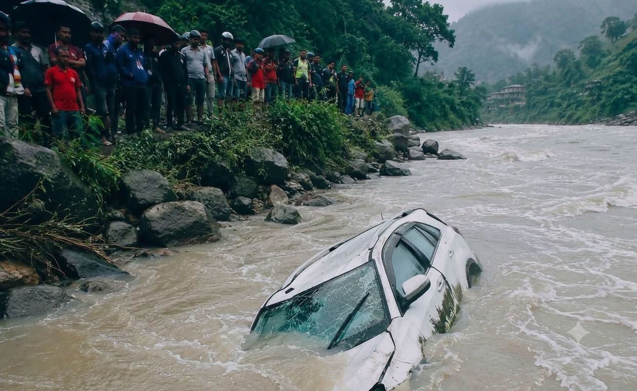 बसको ठक्करबाट सुनकोशीमा खस्यो कार , तीन जना बेपत्ता